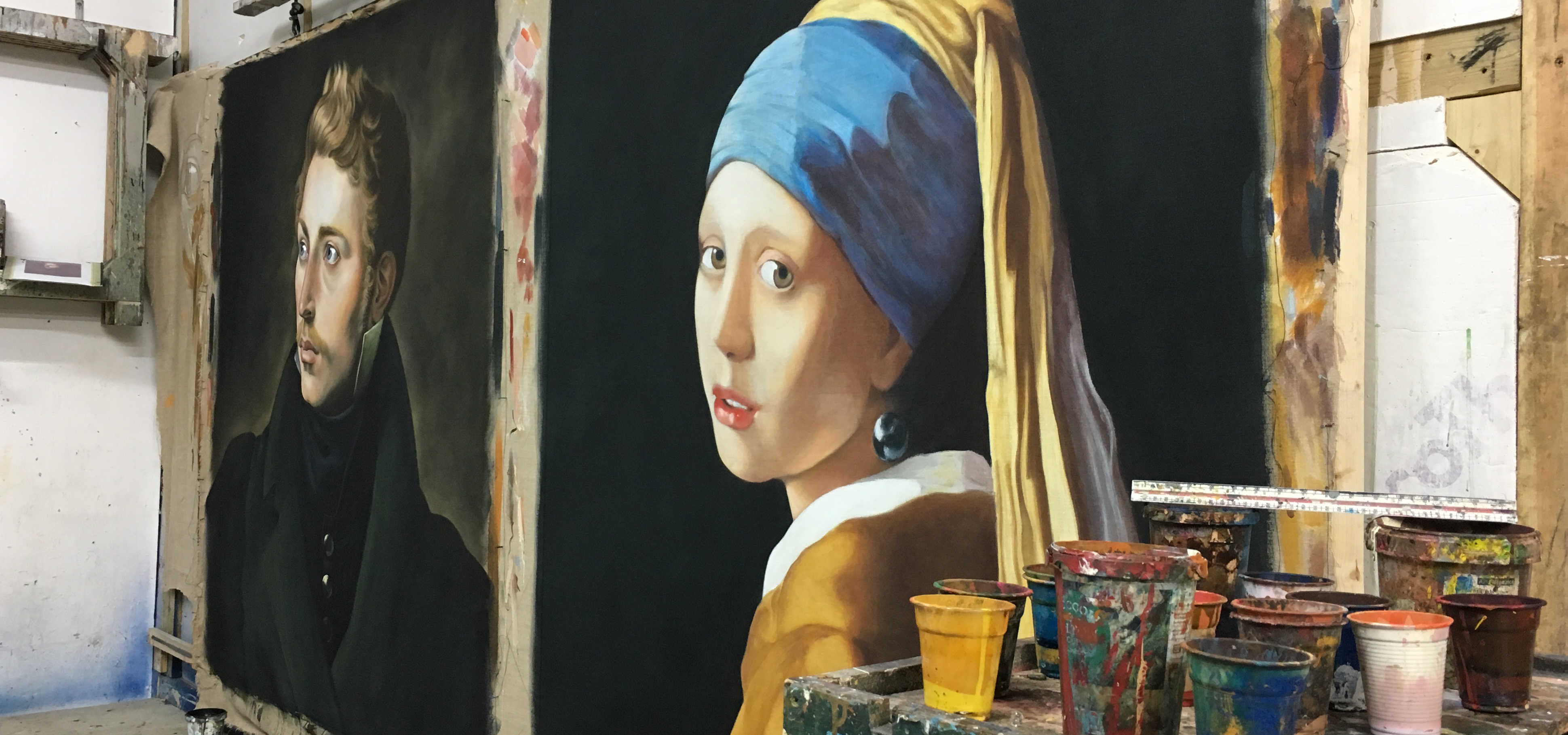 A scenic artists boots covered in scenic paint